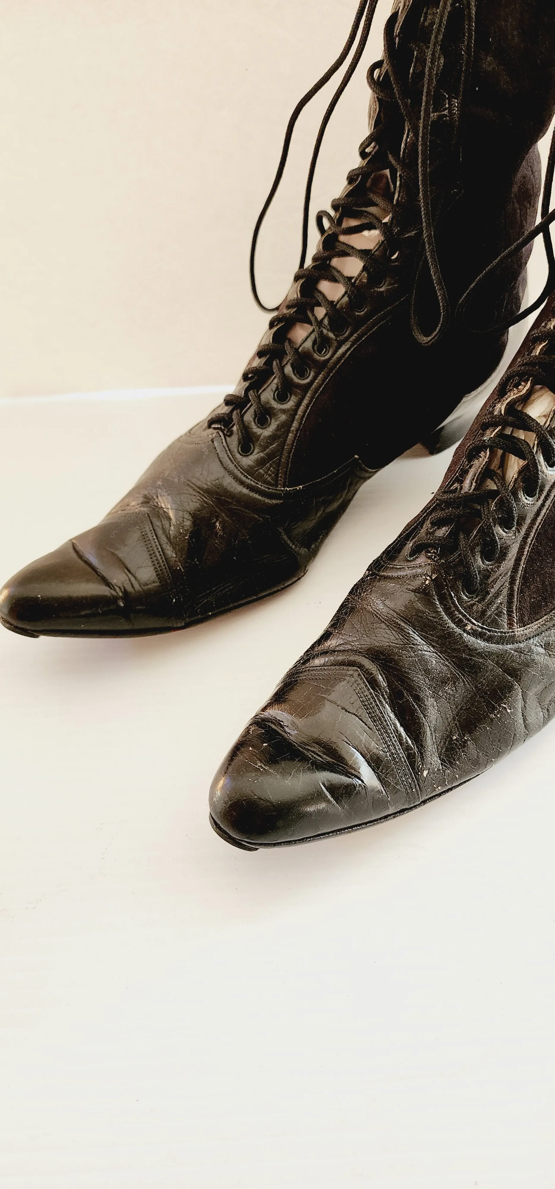 Antique Granny Boots Lace Up Black Silk & Leather Edwardian