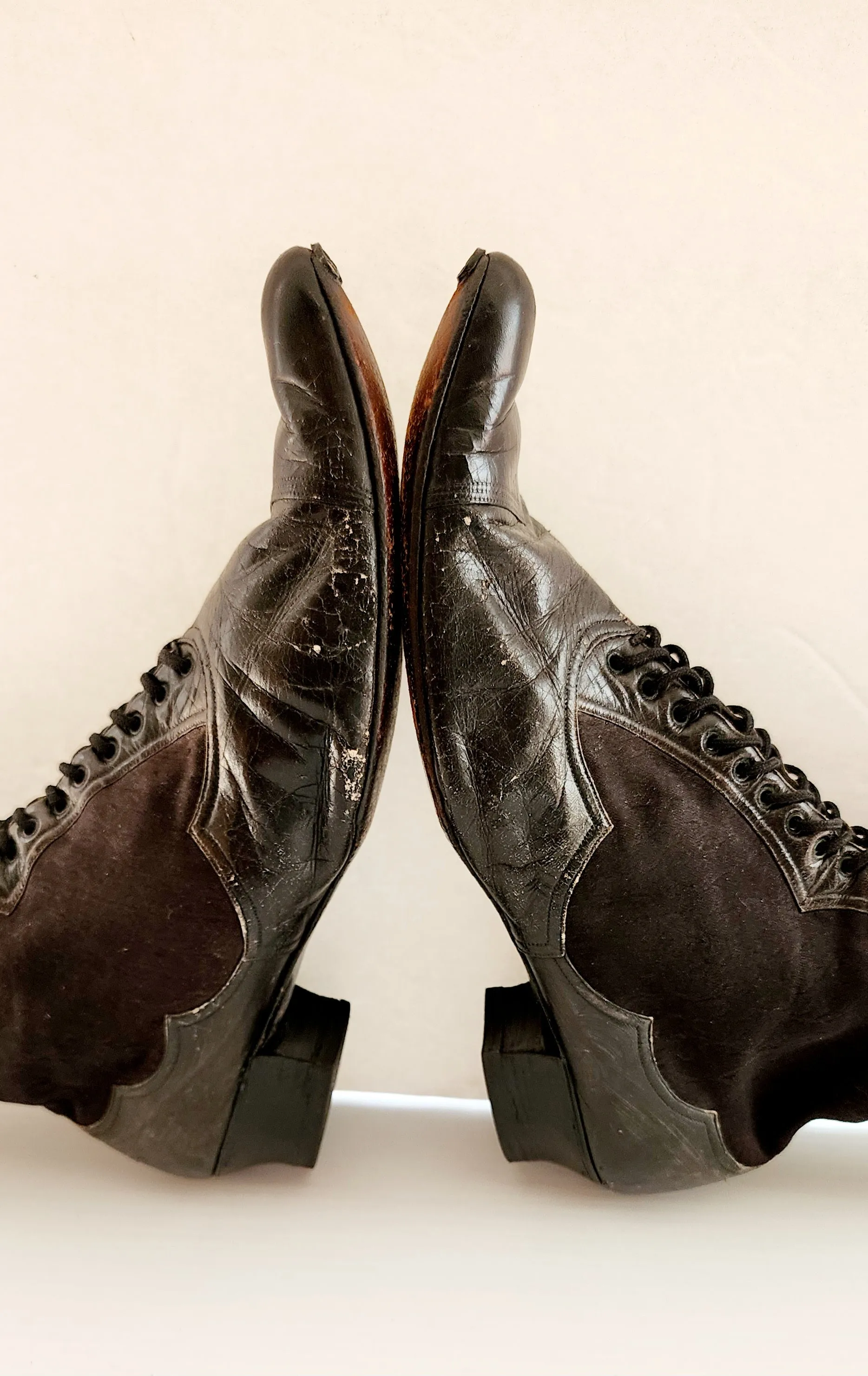Antique Granny Boots Lace Up Black Silk & Leather Edwardian