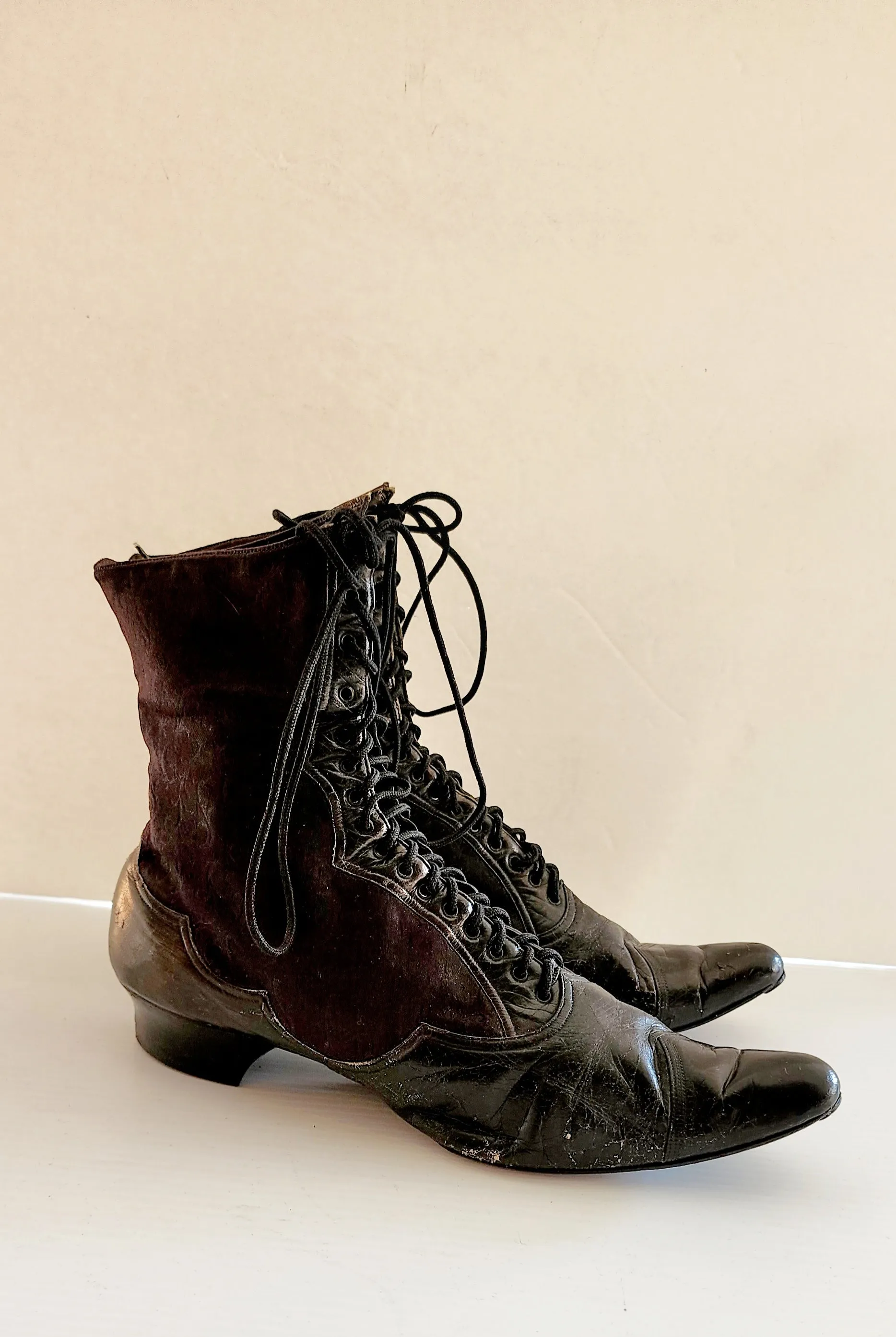 Antique Granny Boots Lace Up Black Silk & Leather Edwardian