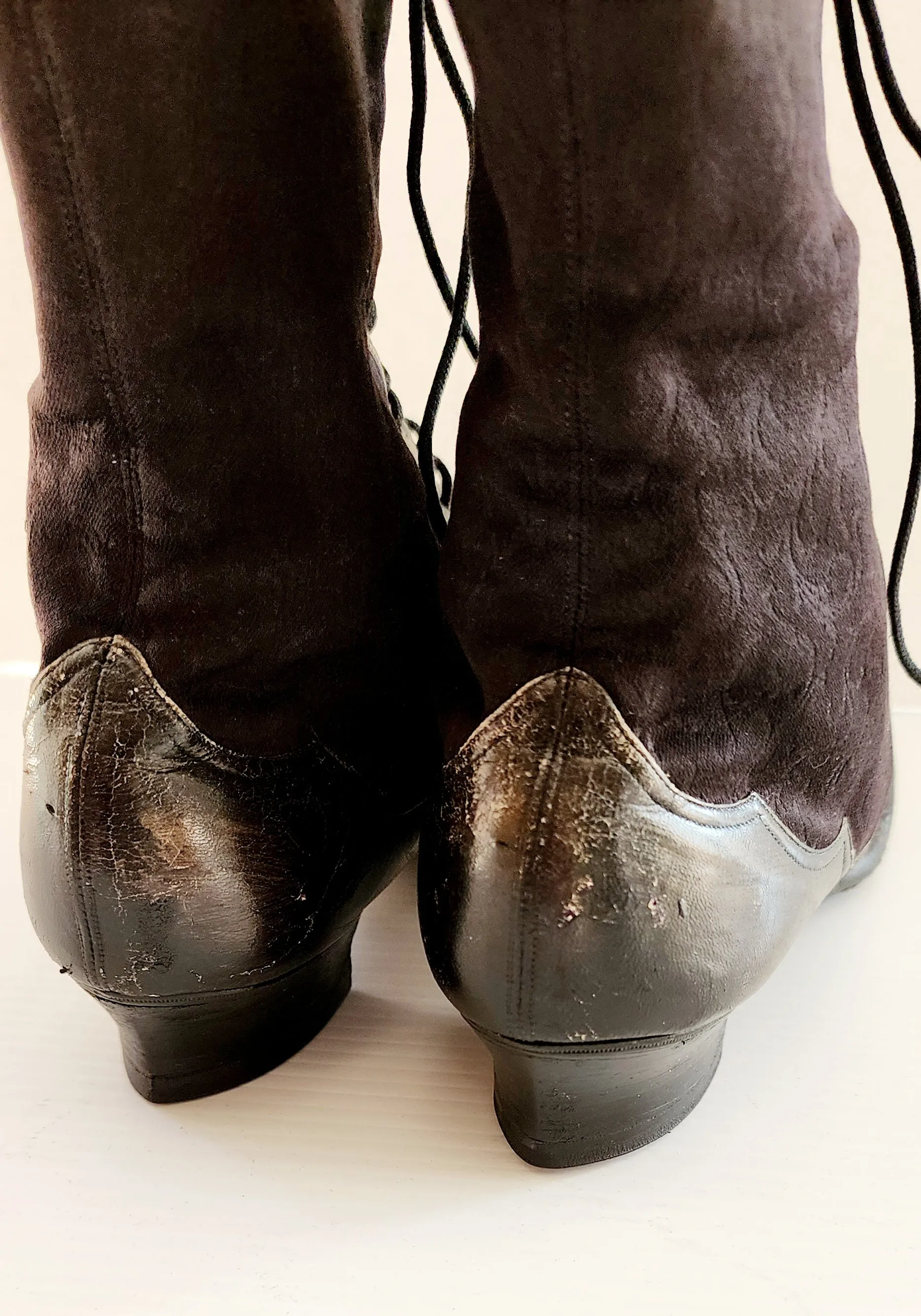 Antique Granny Boots Lace Up Black Silk & Leather Edwardian