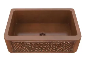 Anzzi Kasha Farmhouse Handmade Copper 33 in. 0-Hole Single Bowl Kitchen Sink with Flower Bed Design Panel in Polished Antique Copper