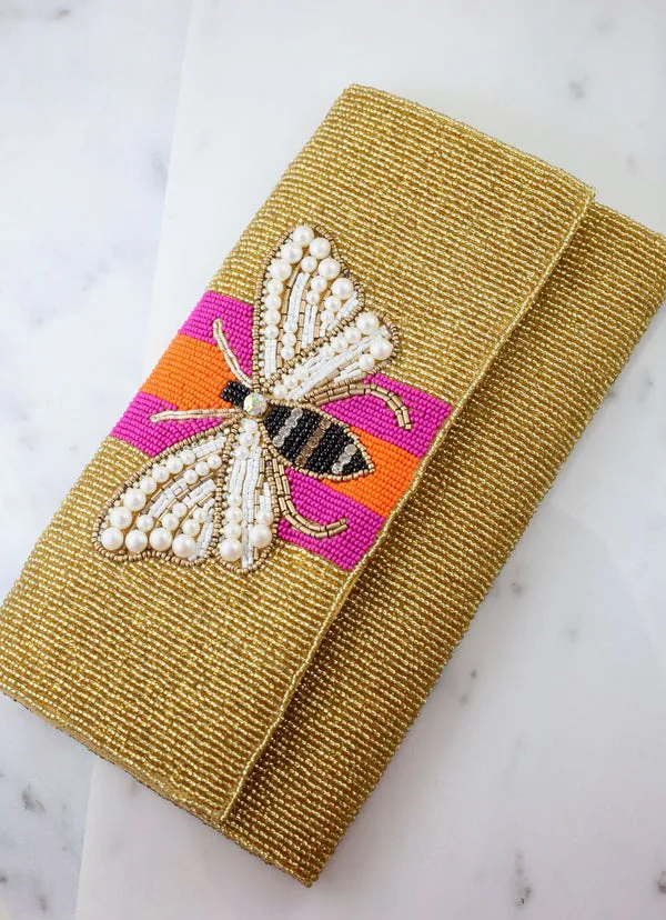 Beaded Bee Crossbody/Clutch: Gold