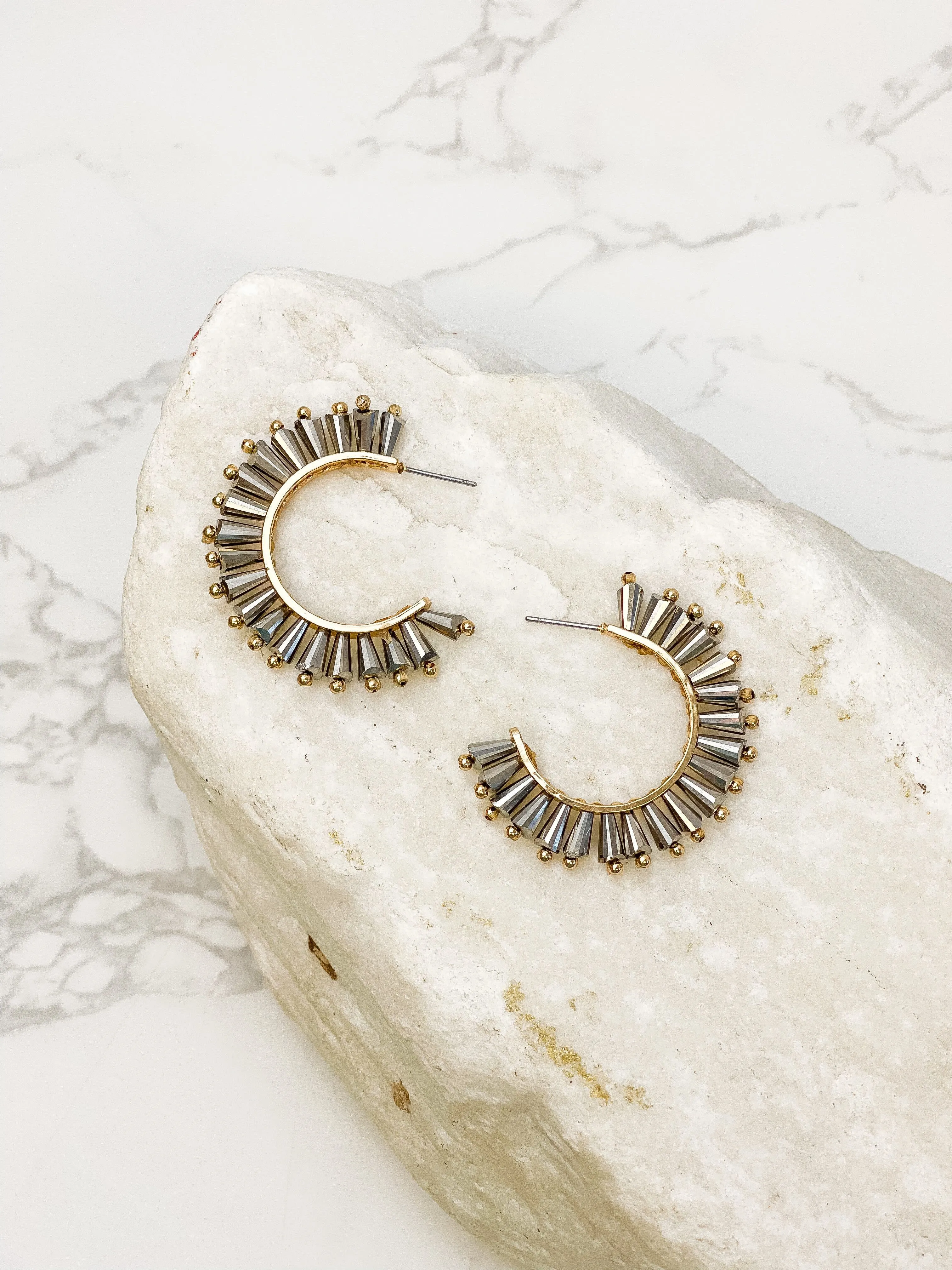 Beaded Burst Hoop Earrings - Pewter