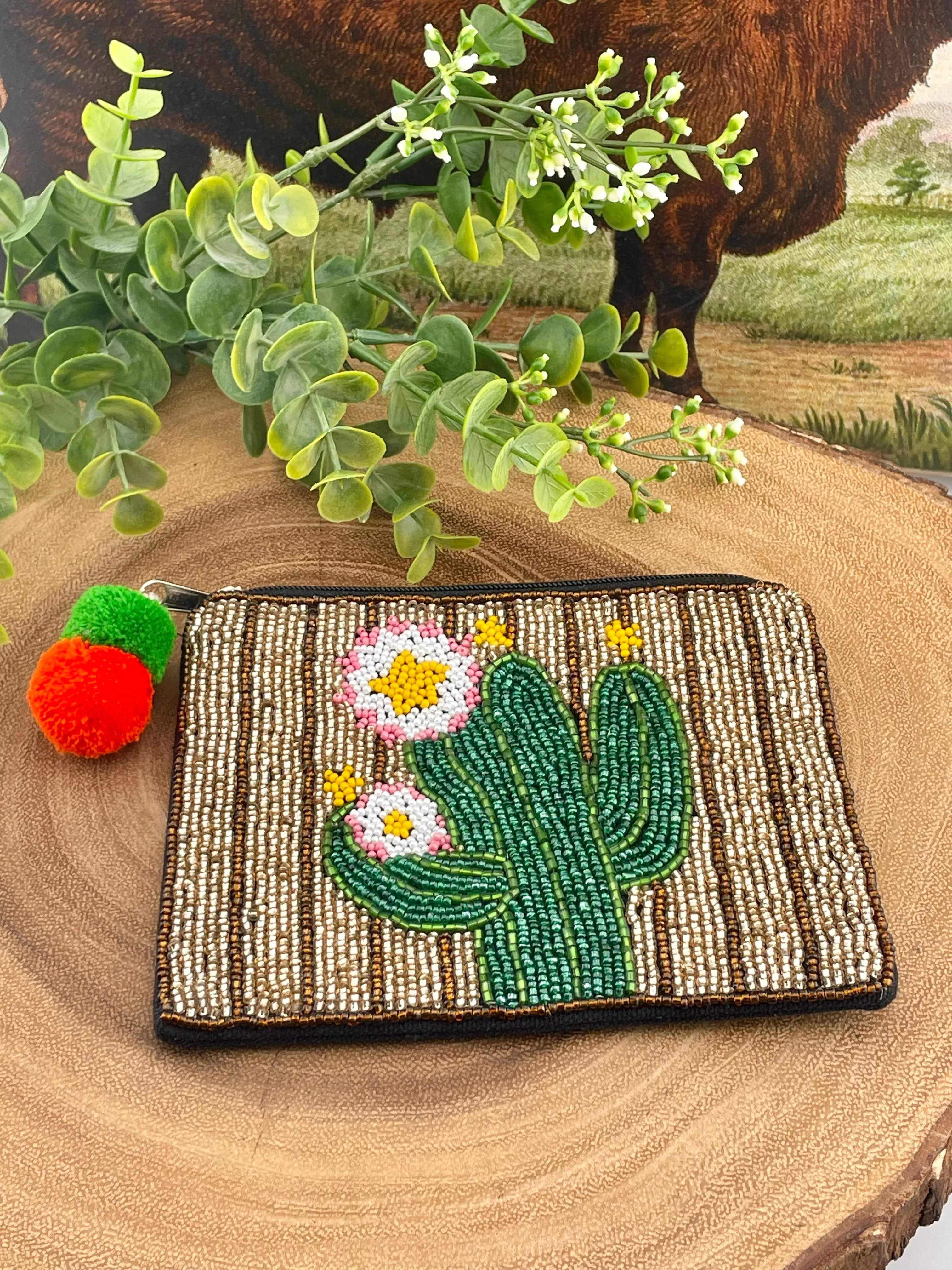 Beaded Pouch With Pom Pom