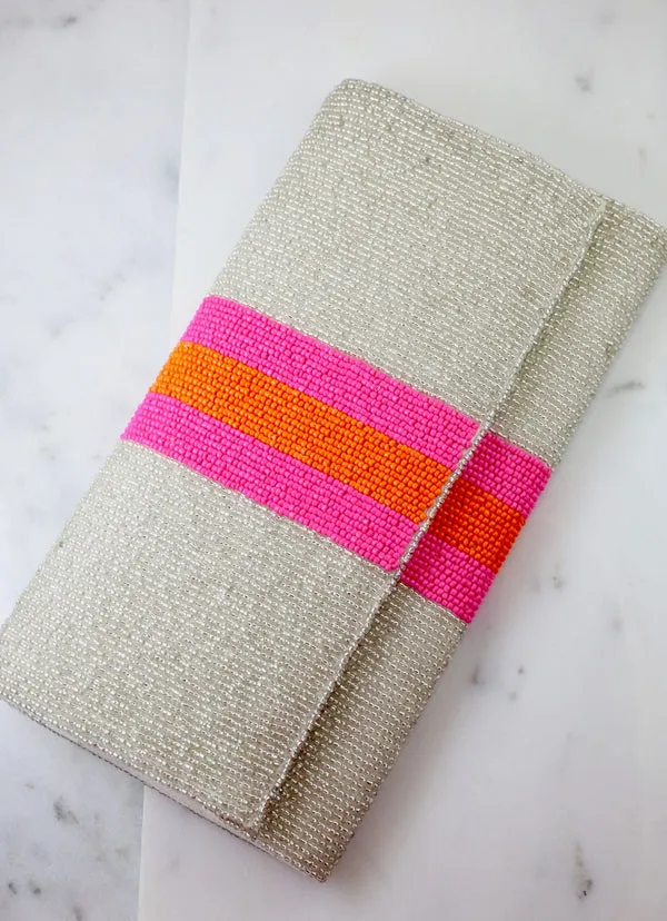 Beaded Striped Crossbody/Clutch: Silver