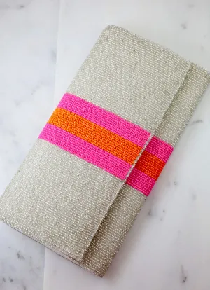 Beaded Striped Crossbody/Clutch: Silver
