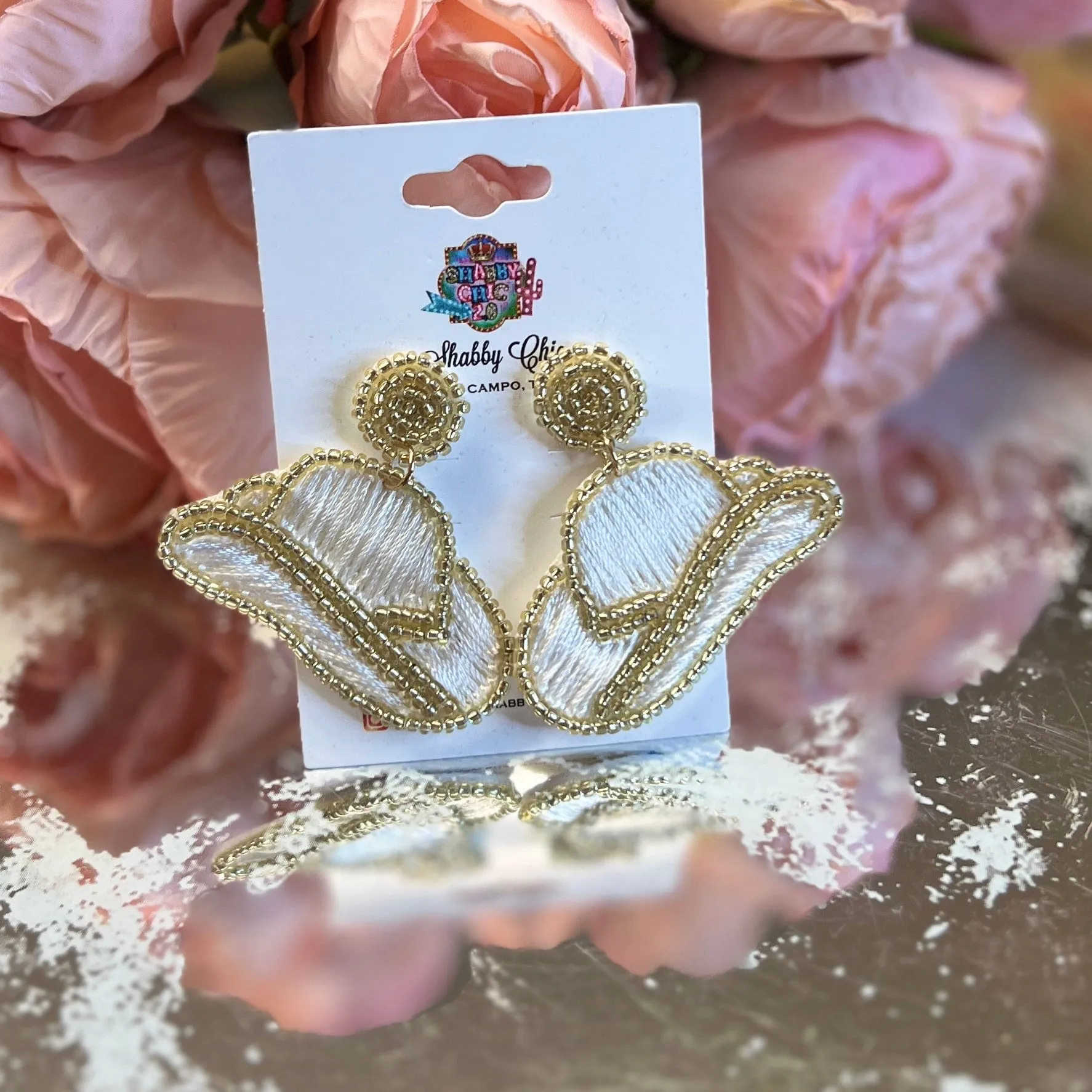 Beaded White Cowgirl Hat Earrings