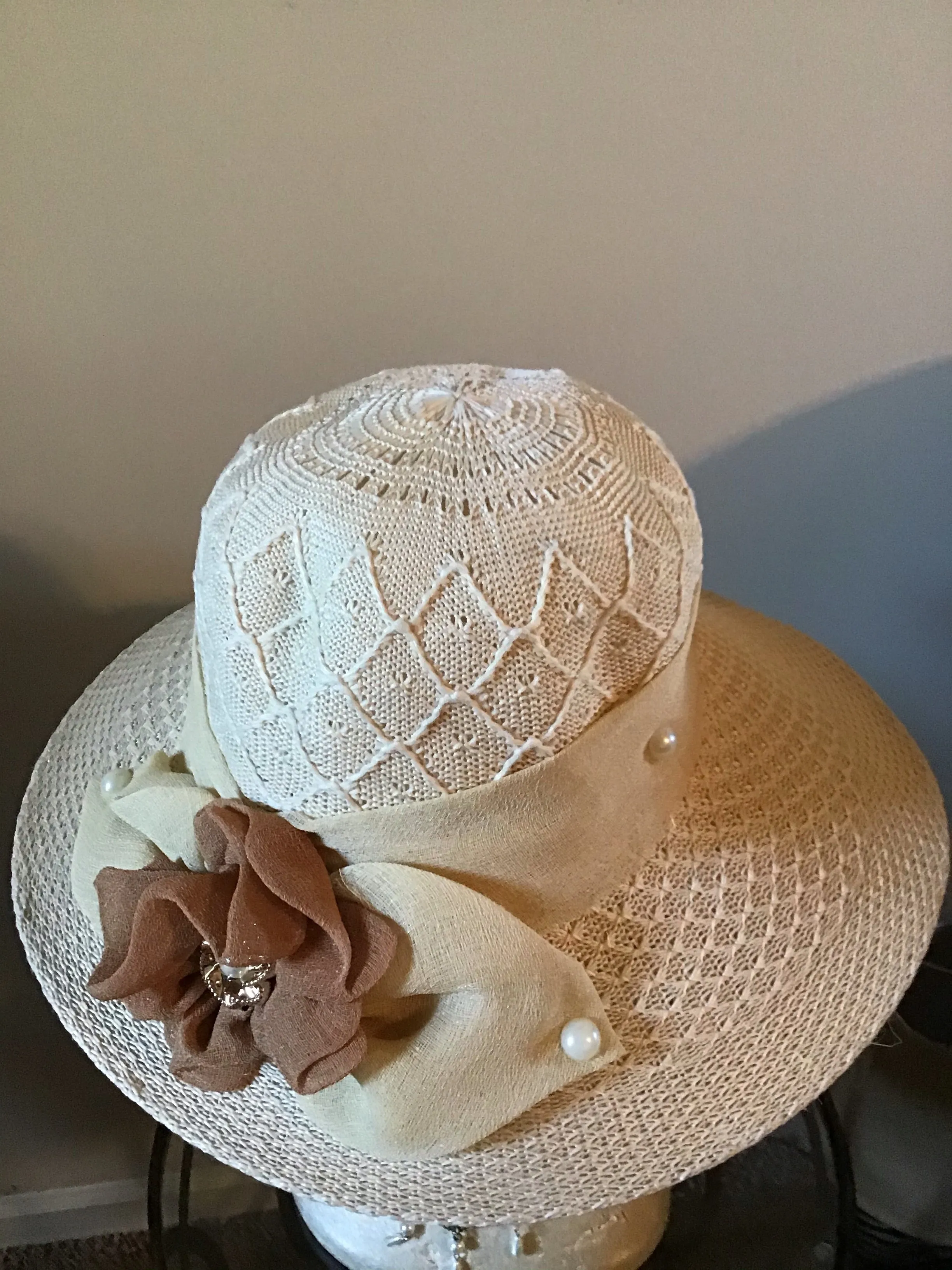 Beige Hat w/banded bow and beaded accent
