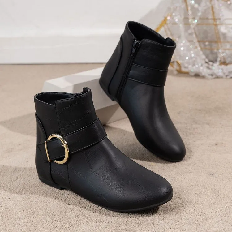 Big Buckle Side Zipper Flat Bottom Low-top Martin Boots
