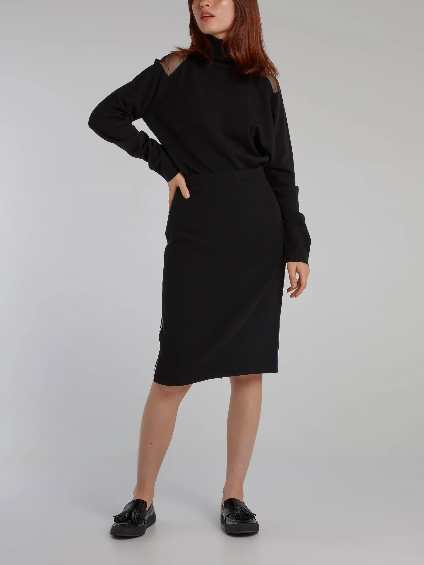 Black Mesh Shoulder Turtleneck Top