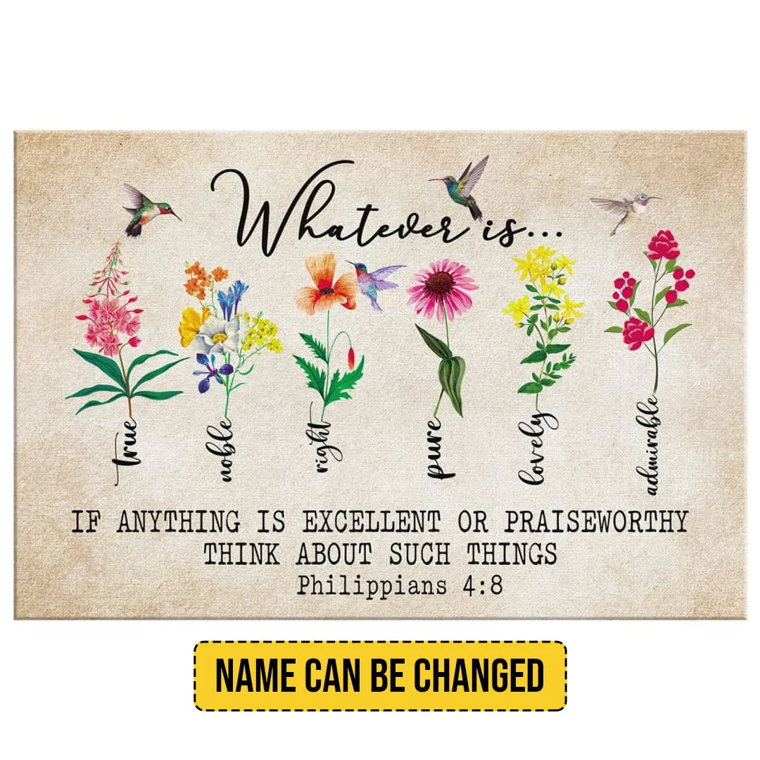 Blossoming Faith - Personalized Philippians 4:8 Floral & Hummingbird Canvas Wall Art by CHRISTIANARTBAG