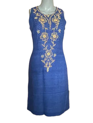 Blue Linen Sleeveless Beaded Dress