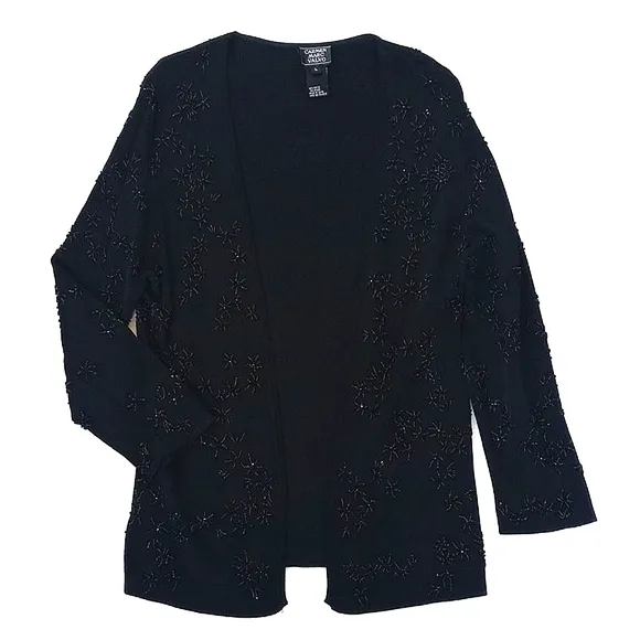 Camen Marc Valvo Women's Black Beaded Nylon Blend Long Sleeve Open Cardigan L