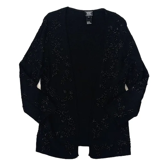 Camen Marc Valvo Women's Black Beaded Nylon Blend Long Sleeve Open Cardigan L