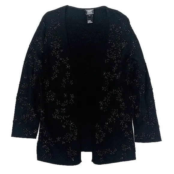 Camen Marc Valvo Women's Black Beaded Nylon Blend Long Sleeve Open Cardigan L