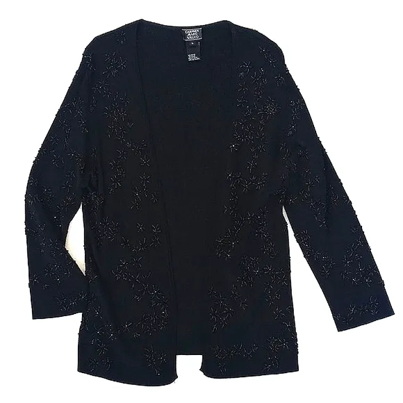 Camen Marc Valvo Women's Black Beaded Nylon Blend Long Sleeve Open Cardigan L