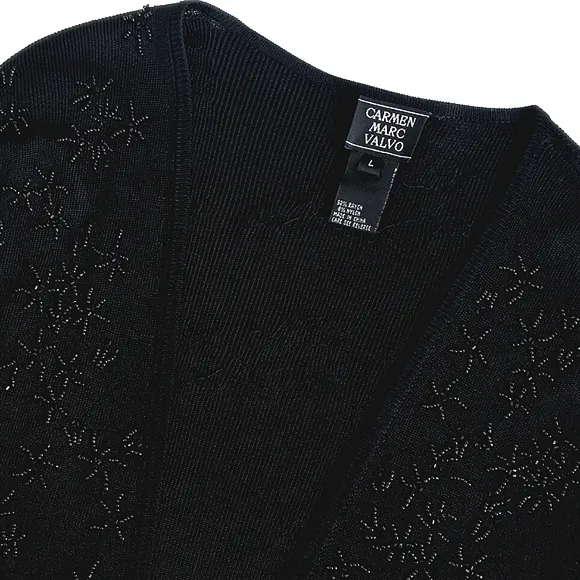 Camen Marc Valvo Women's Black Beaded Nylon Blend Long Sleeve Open Cardigan L