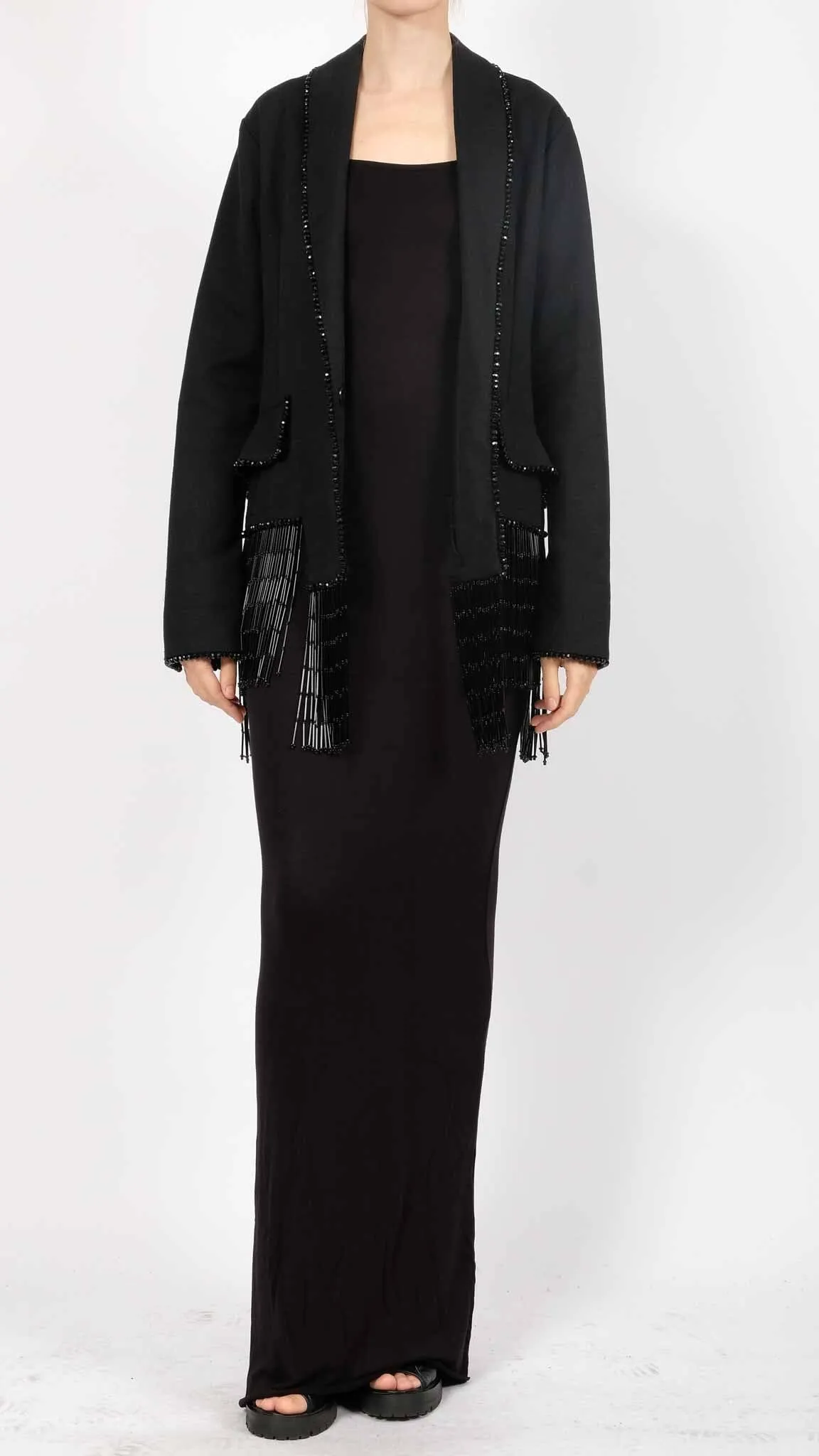 Canvas Blazer with Stones and Fringes
