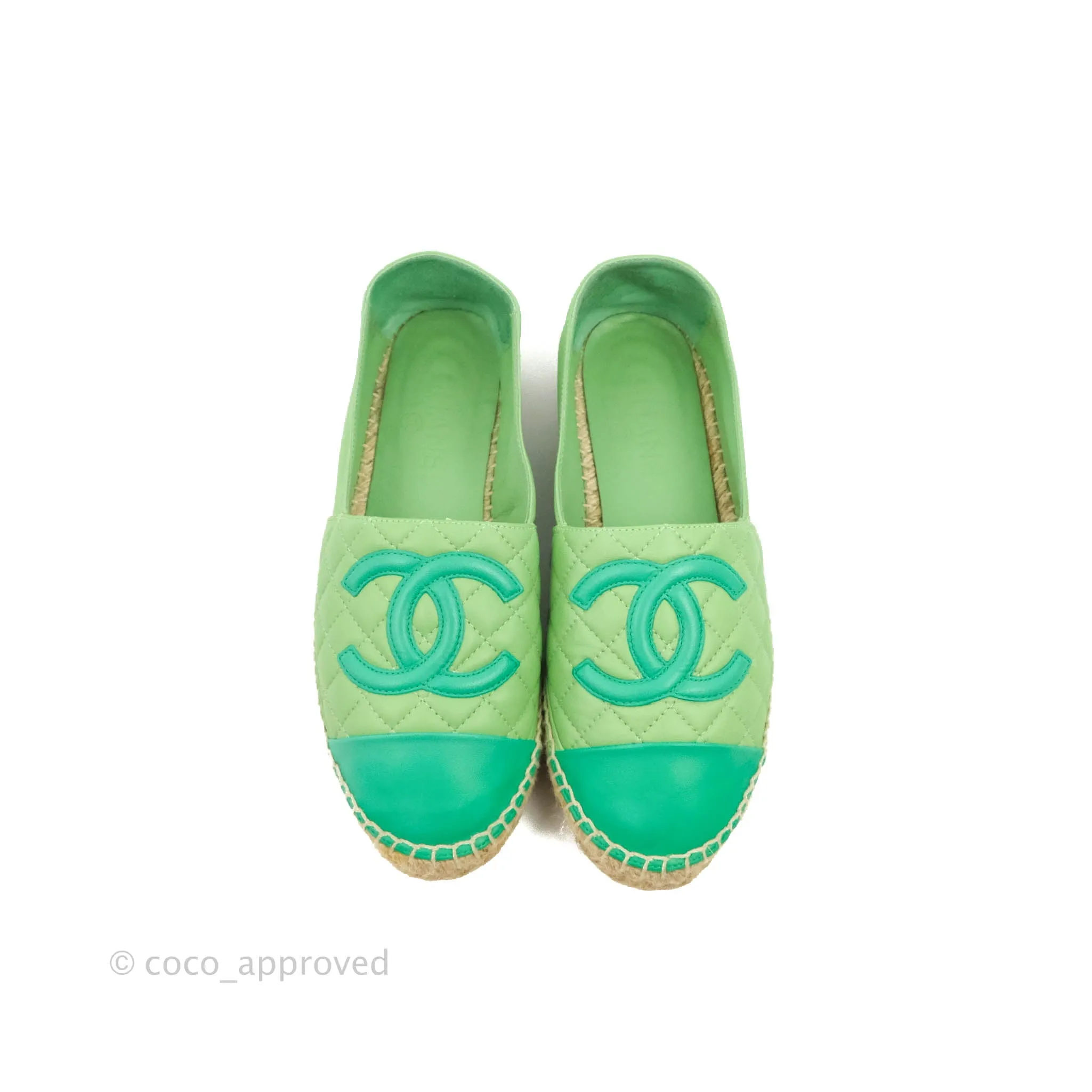 Chanel CC Espadrilles Quilted Green Lambskin Size 37