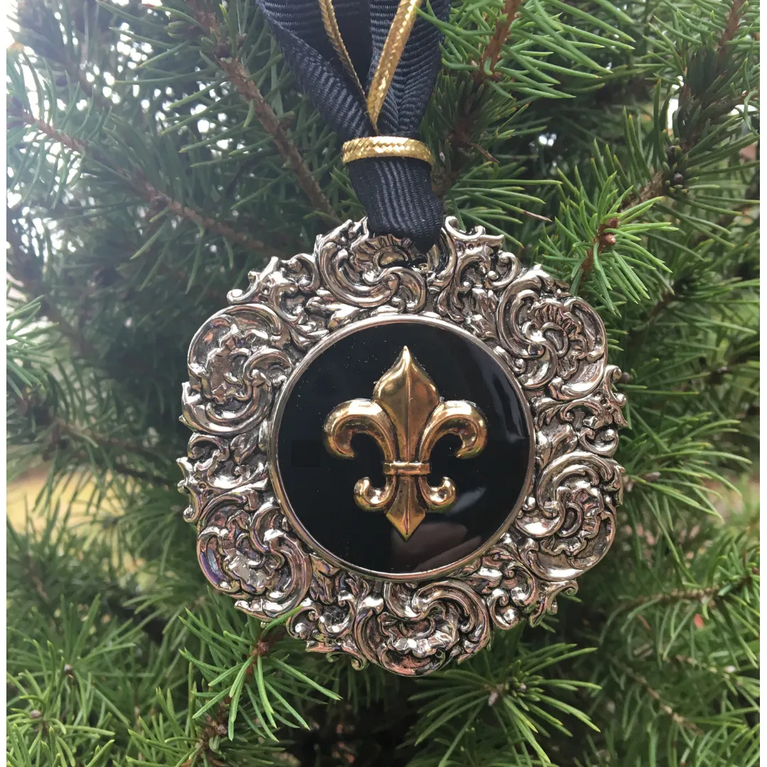 Christmas Ornament, Silver Fleur Black and Gold