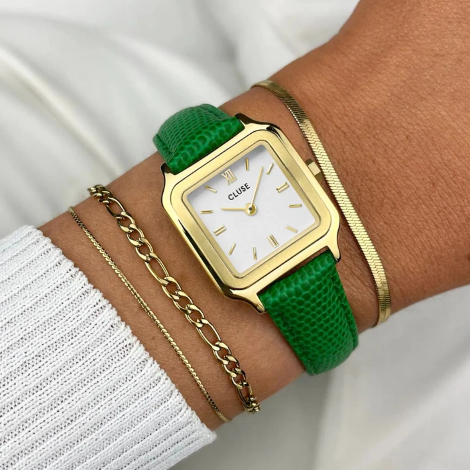 Cluse Gracieuse Petite Green Leather Strap Gold Watch