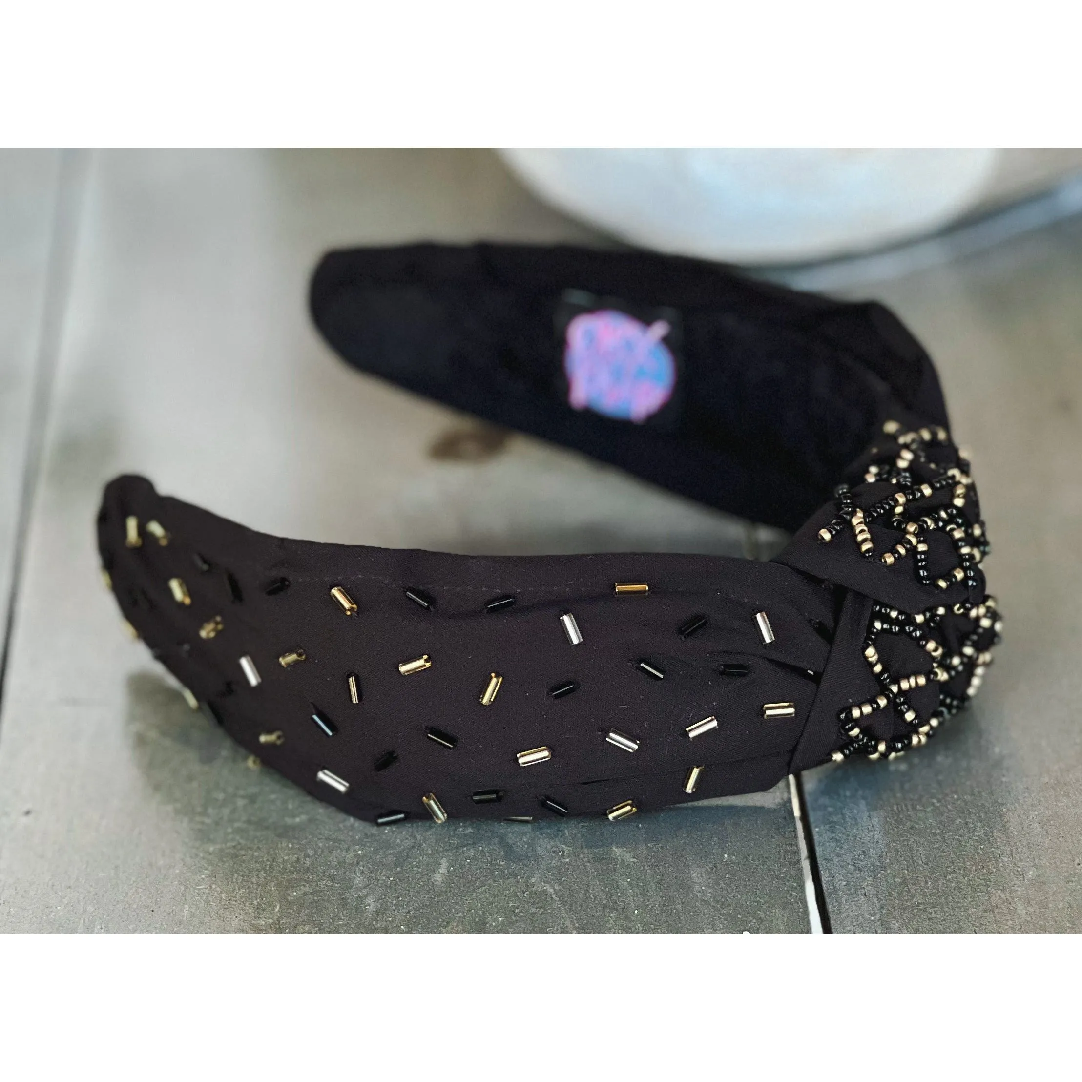 Confetti Beaded Top Knot Headband in Pink, Black and Gold, and White Multi-Colors.