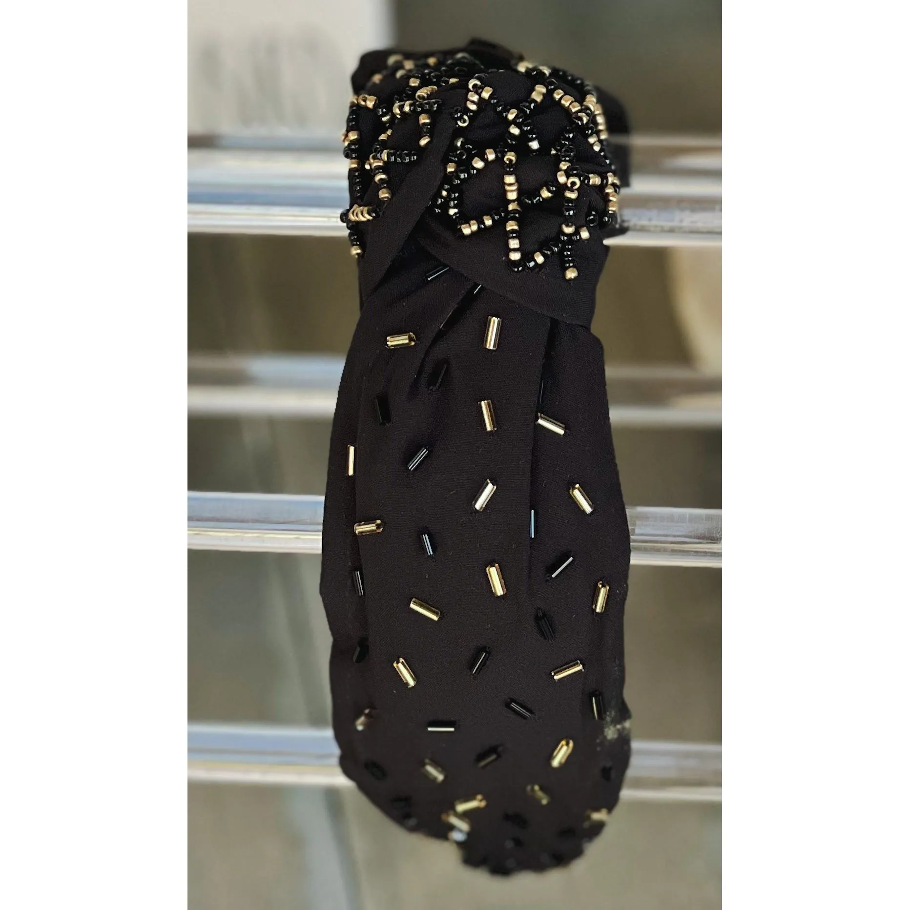 Confetti Beaded Top Knot Headband in Pink, Black and Gold, and White Multi-Colors.