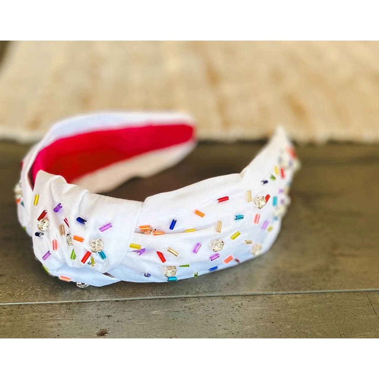 Confetti Beaded Top Knot Headband in Pink, Black and Gold, and White Multi-Colors.