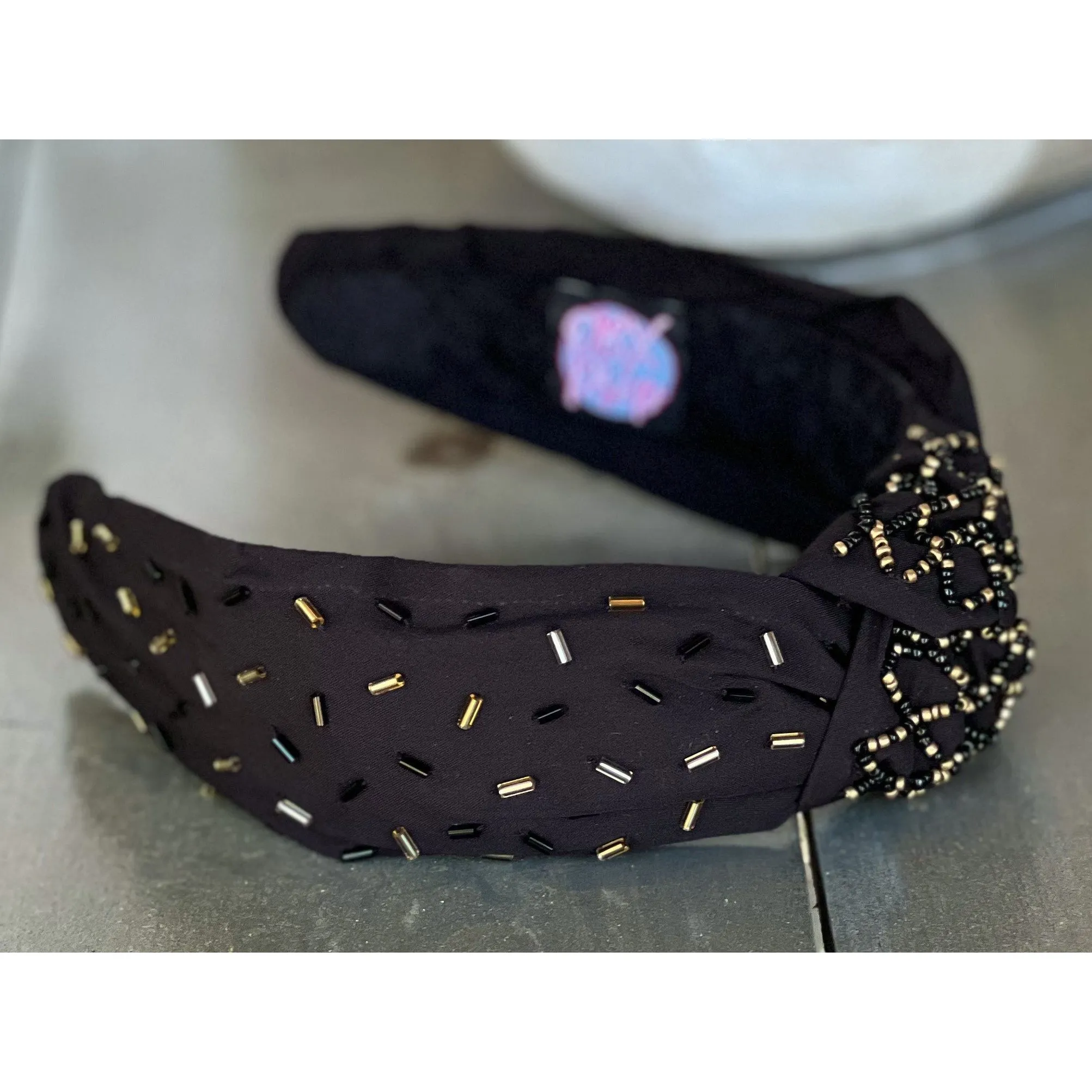 Confetti Beaded Top Knot Headband in Pink, Black and Gold, and White Multi-Colors.