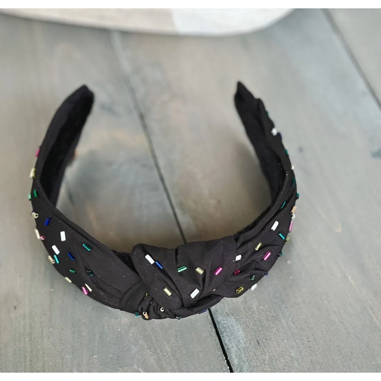 Confetti Beaded Top Knot Headband in Pink, Black and Gold, and White Multi-Colors.