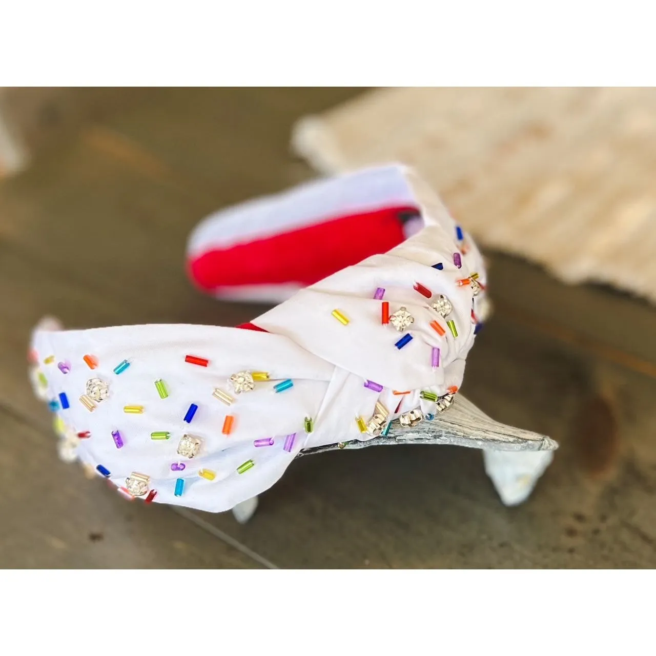 Confetti Beaded Top Knot Headband in Pink, Black and Gold, and White Multi-Colors.