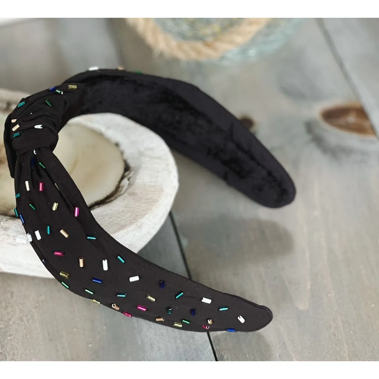 Confetti Beaded Top Knot Headband in Pink, Black and Gold, and White Multi-Colors.