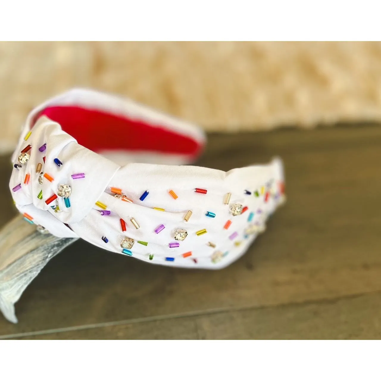 Confetti Beaded Top Knot Headband in Pink, Black and Gold, and White Multi-Colors.