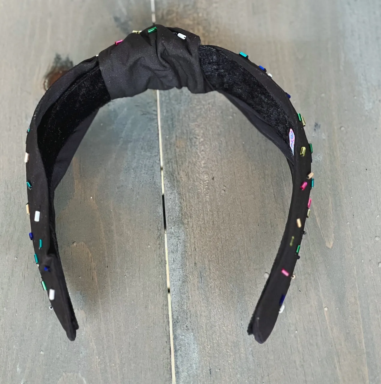 Confetti Beaded Top Knot Headband in Pink, Black and Gold, and White Multi-Colors.