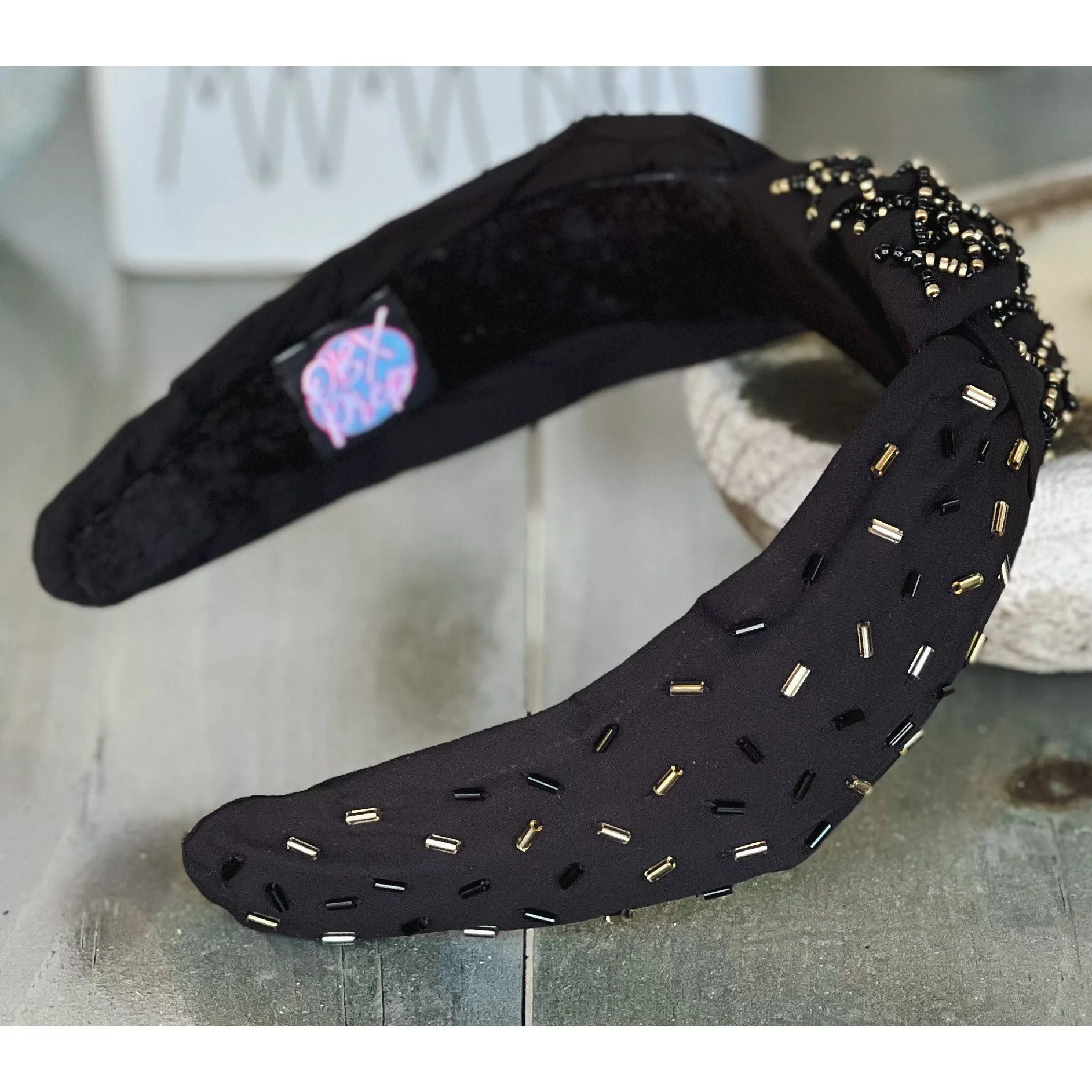 Confetti Beaded Top Knot Headband in Pink, Black and Gold, and White Multi-Colors.