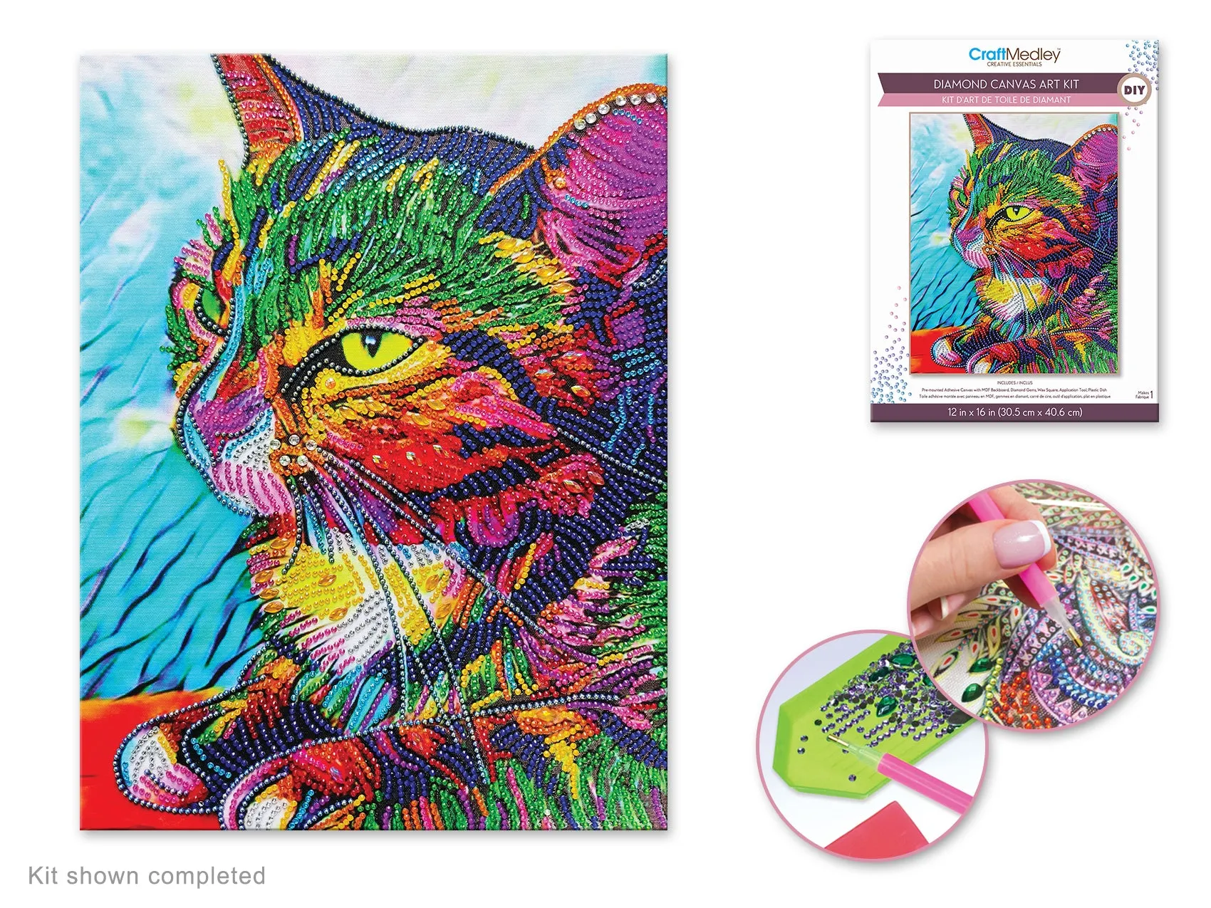 Craft Medley Kit: Diamond Painting Art Kit 12"x16" w/Gems Tool Tray Cat 2
