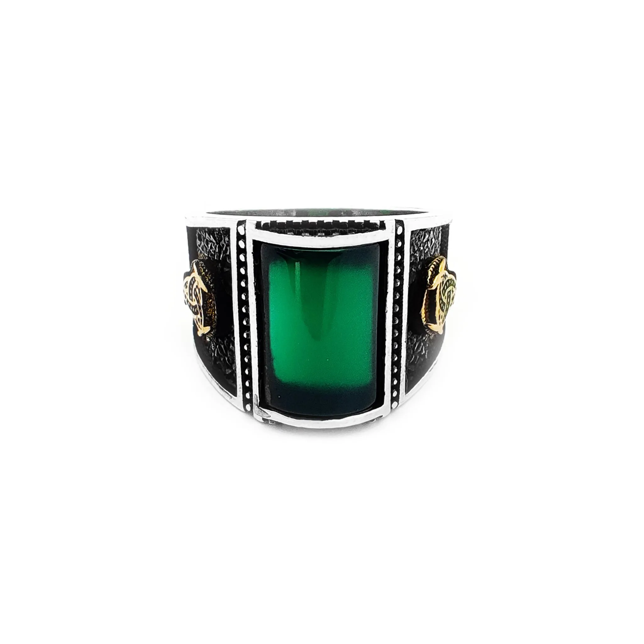 Curved Trinity Green Stone Ring (Silver)