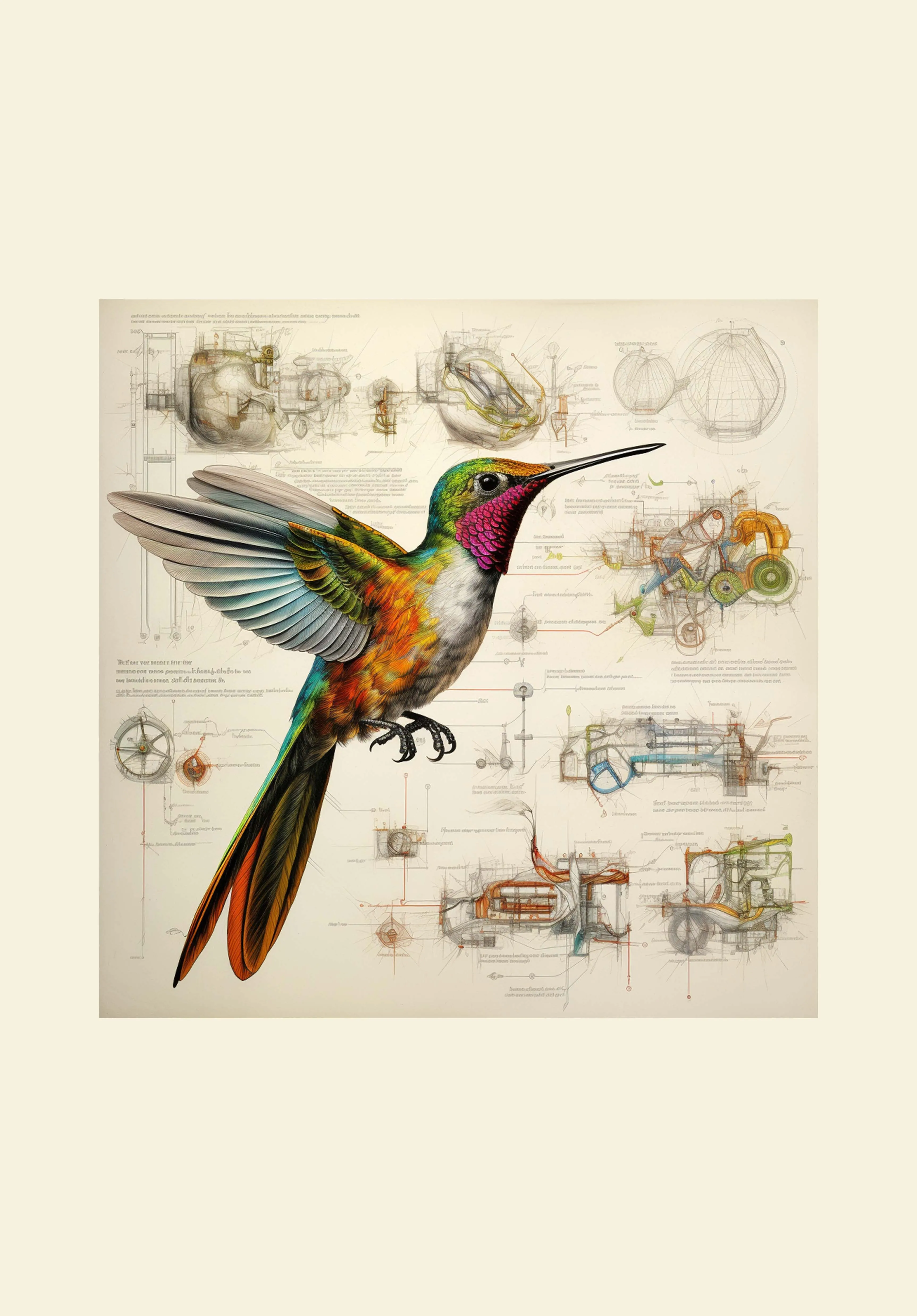 Drawings Hummingbirds 04 Da Vinci Style Vintage Framed Canvas Prints Wall Art Hanging Home Decor