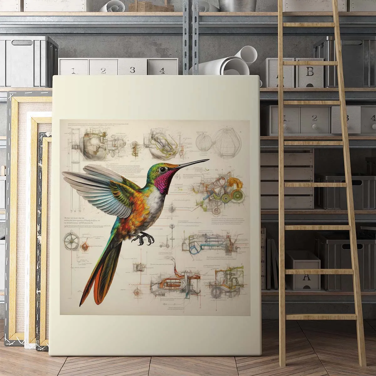 Drawings Hummingbirds 04 Da Vinci Style Vintage Framed Canvas Prints Wall Art Hanging Home Decor