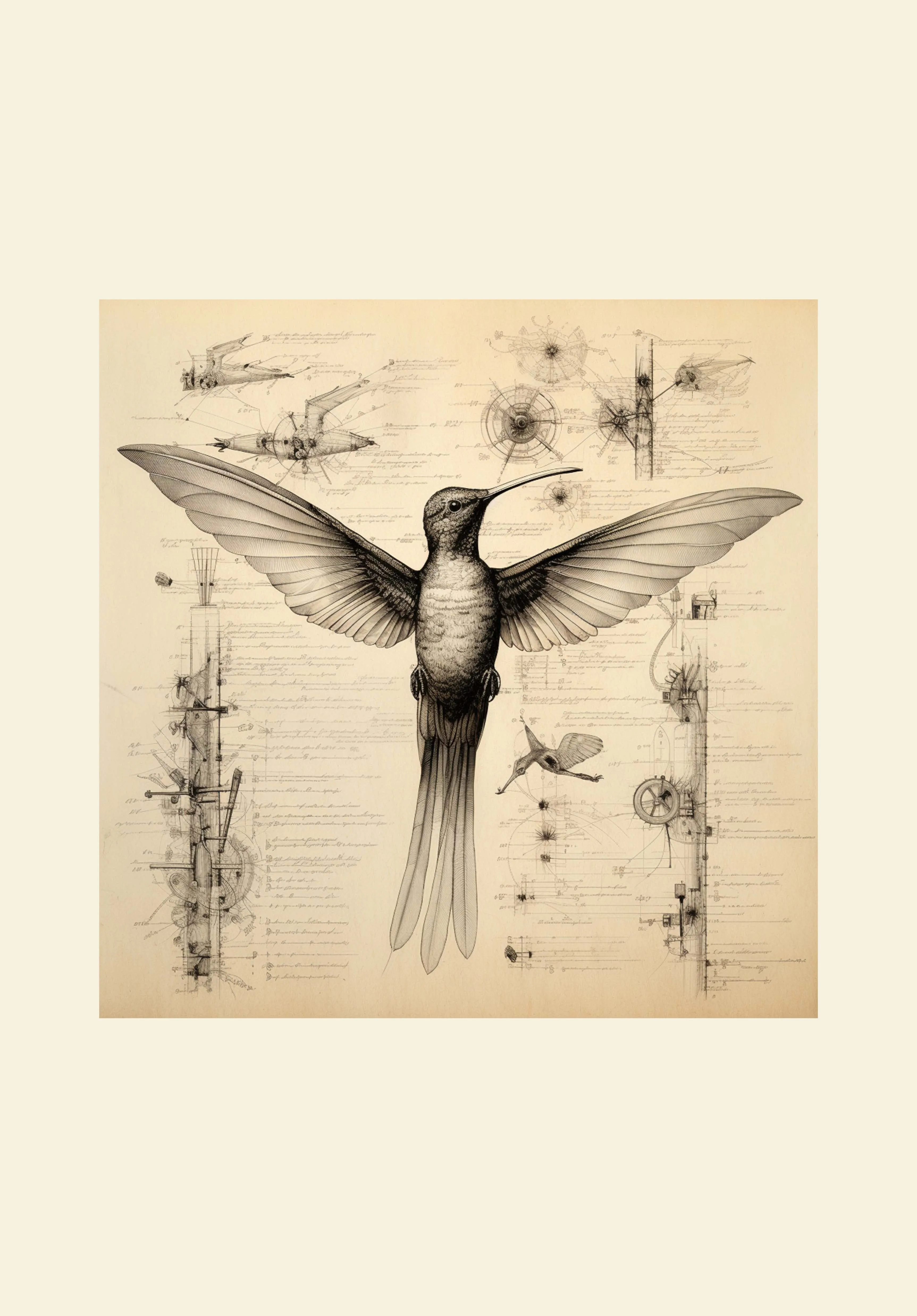 Drawings Hummingbirds 06 Da Vinci Style Vintage Framed Canvas Prints Wall Art Hanging Home Decor