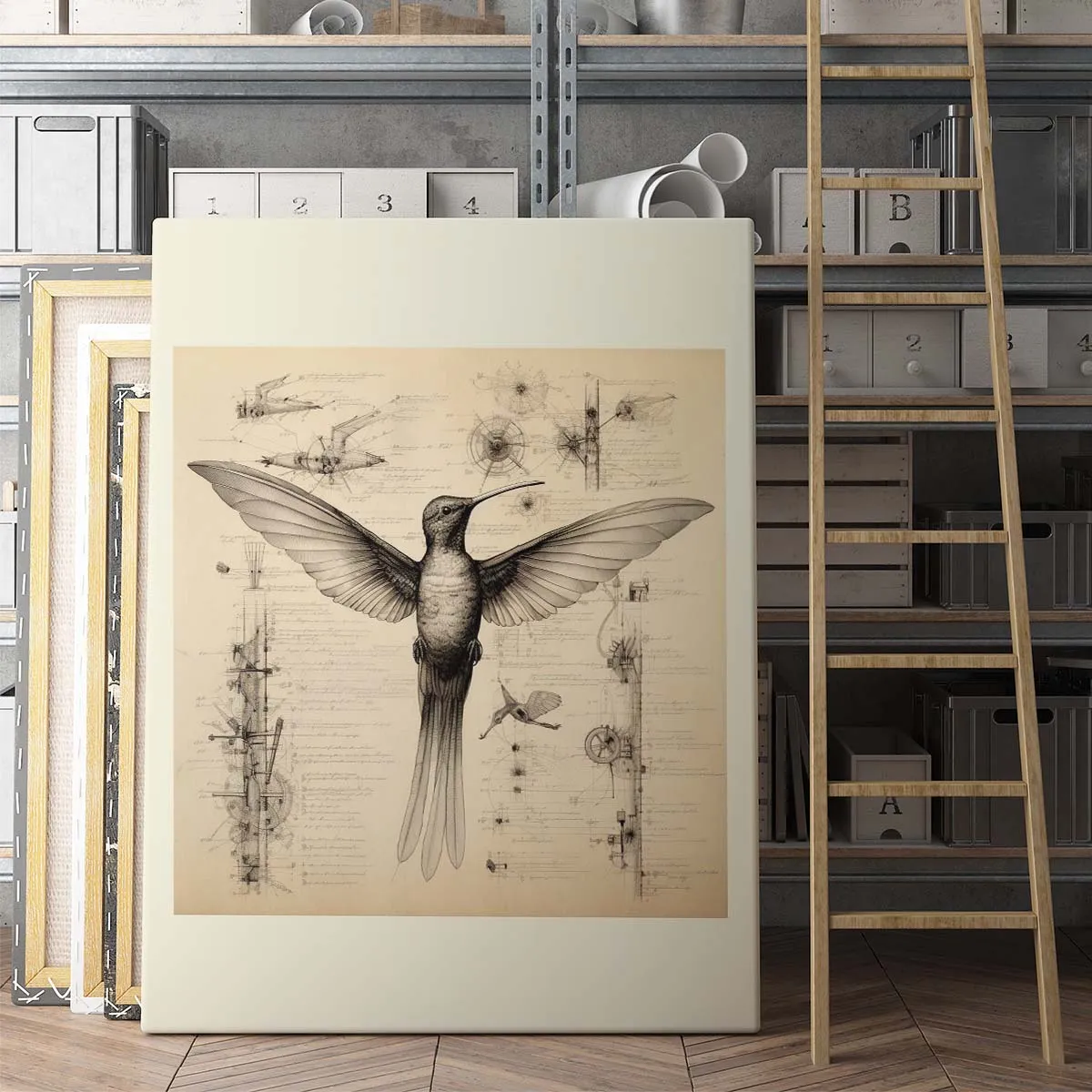 Drawings Hummingbirds 06 Da Vinci Style Vintage Framed Canvas Prints Wall Art Hanging Home Decor