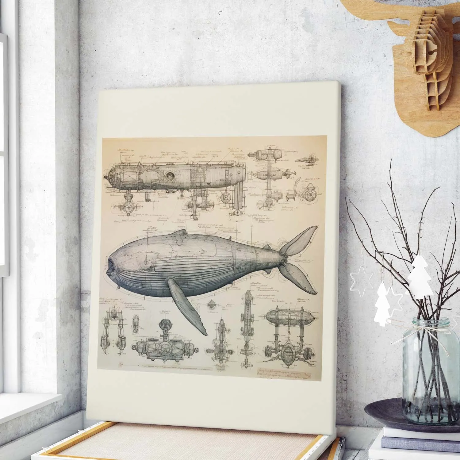 Drawings Whale Da Vinci Style Vintage Framed Canvas Prints Wall Art Hanging Home Decor