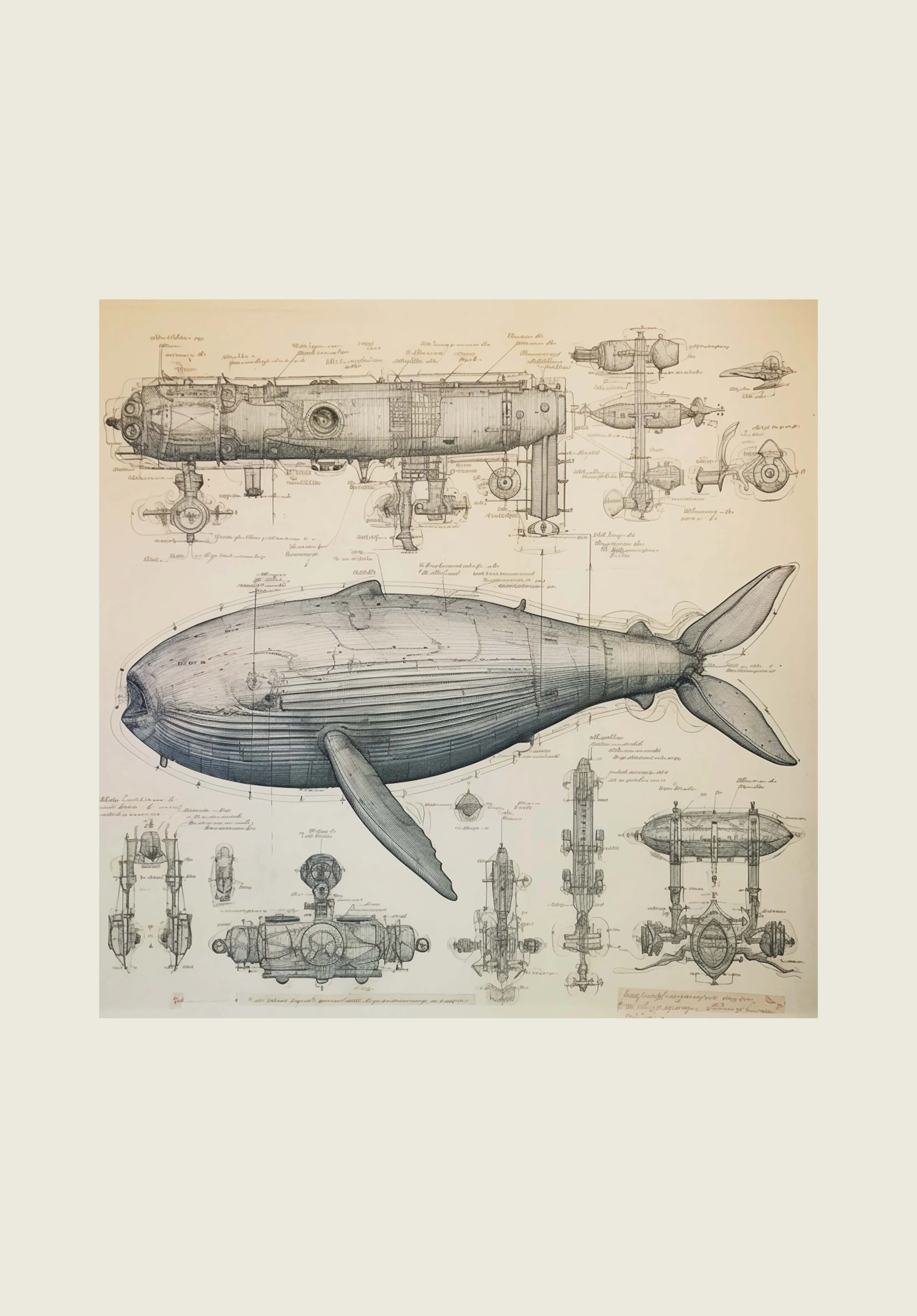 Drawings Whale Da Vinci Style Vintage Framed Canvas Prints Wall Art Hanging Home Decor