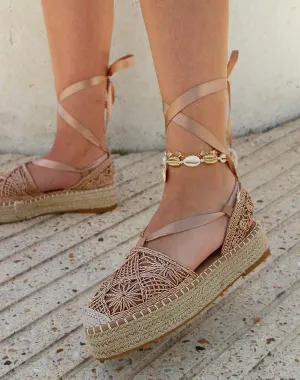 Espadrilles rose gold à talon en jute