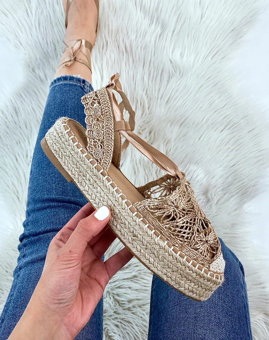 Espadrilles rose gold à talon en jute