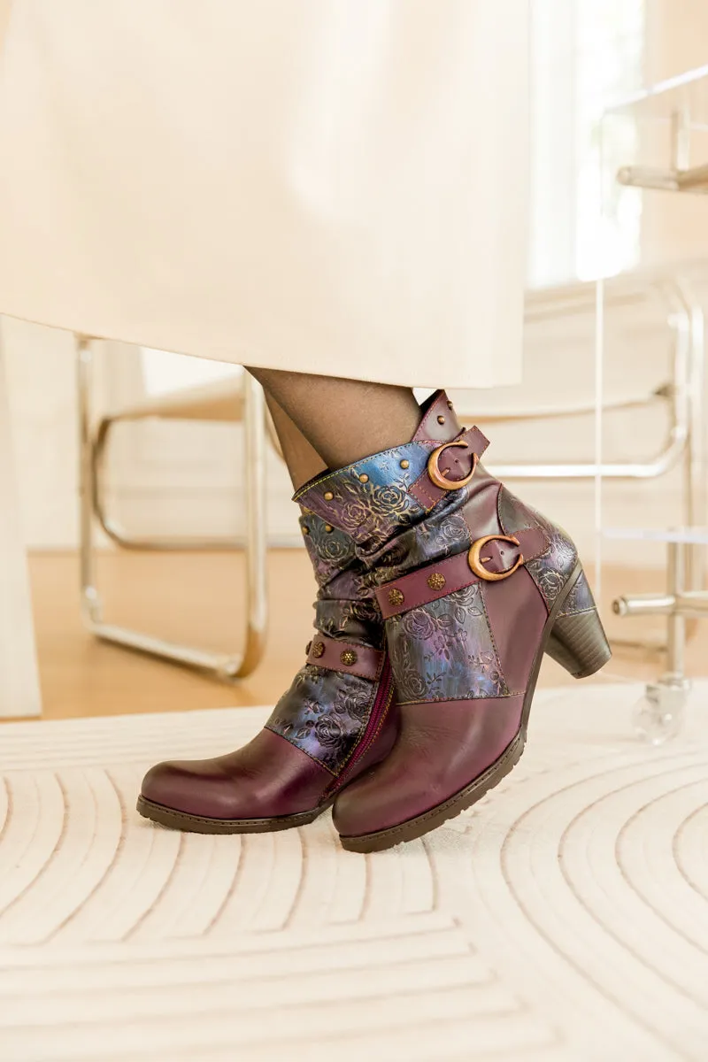 Floral Embossed Buckle Up Leather Bootie - Purple