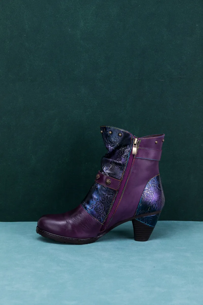 Floral Embossed Buckle Up Leather Bootie - Purple