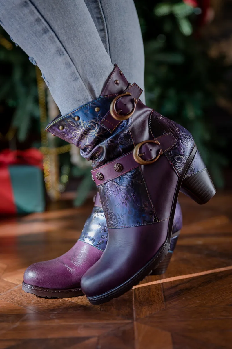 Floral Embossed Buckle Up Leather Bootie - Purple