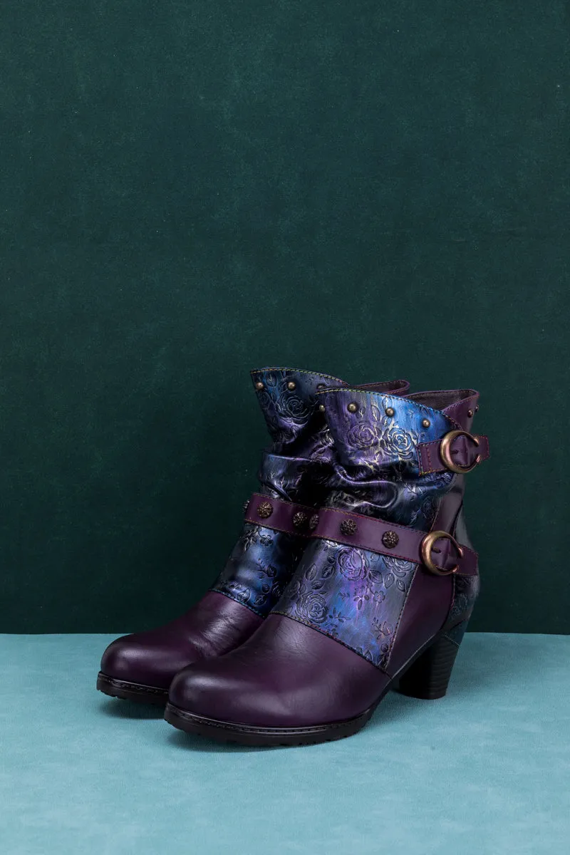 Floral Embossed Buckle Up Leather Bootie - Purple
