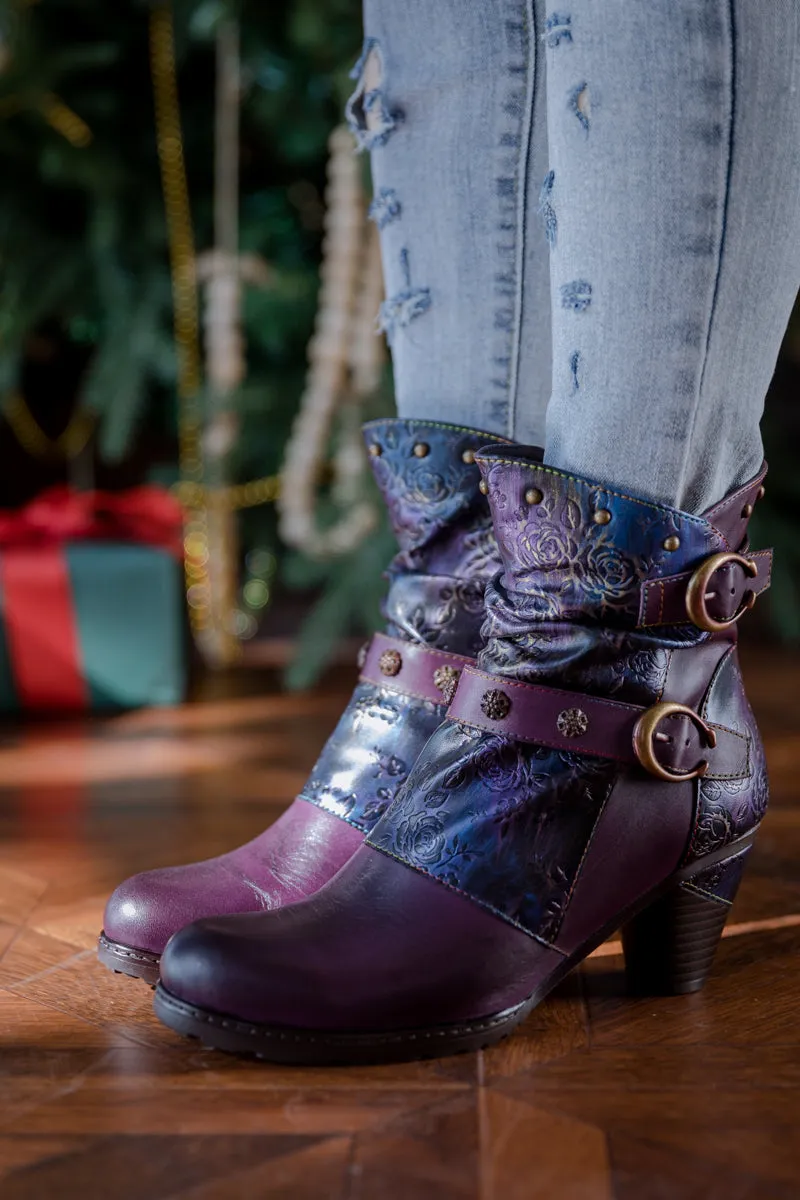 Floral Embossed Buckle Up Leather Bootie - Purple